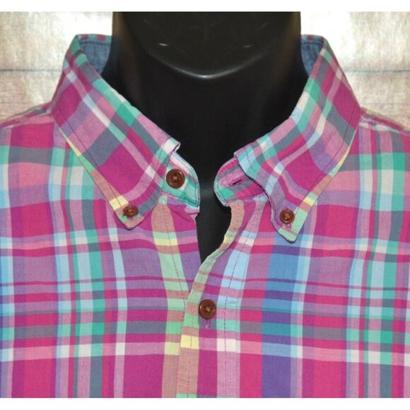 Lands' End Mens Button Down Shirt XL Pastel Plaid Short Sleeve Cotton Preppy - Picture 3 of 9